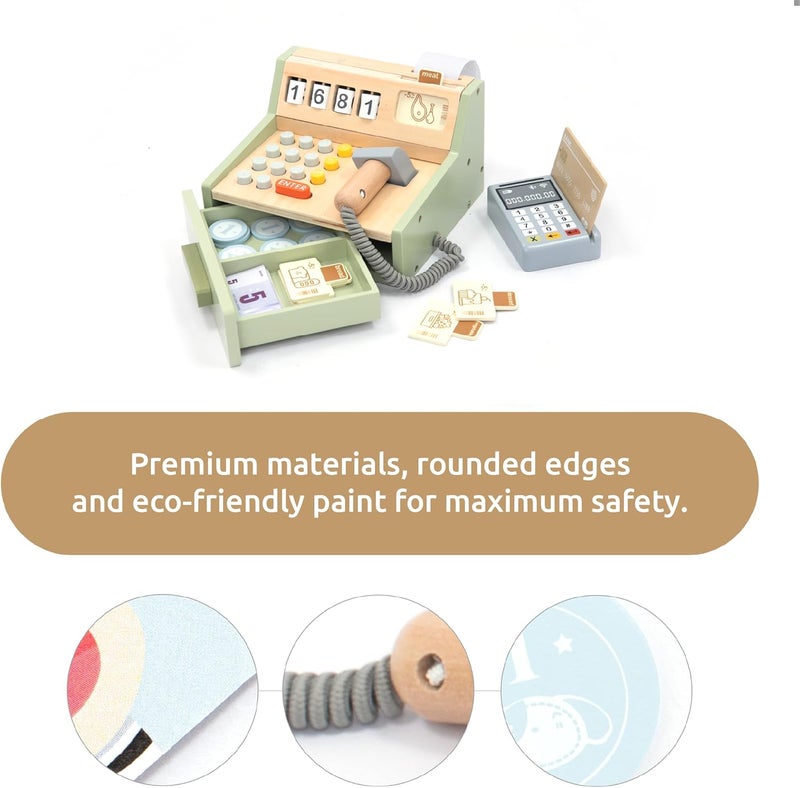 umu ® Wooden Cash Register for Kids - Includes Accessories (Scanner, Payment Terminal, Play Money, etc.), Role Play Shop & Accessories for Children Ages 3 4 5 6 - Image 2